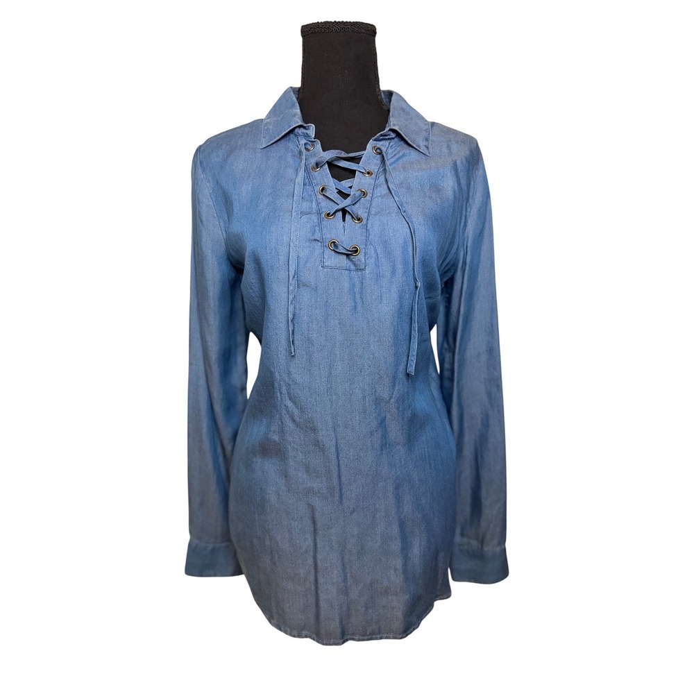 Crown &‎ Ivy Blue Tencel Lyocell Lace Up Tunic Long Sleeve Shirt Denim Medium